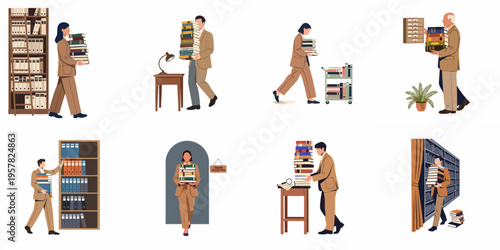 Flat illustration set of professional people and librarians managing large stacks of books, files, and documents in a library or archive setting.