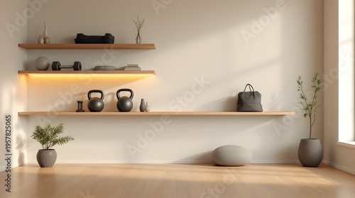 Home gym setup with fitness equipment and plants