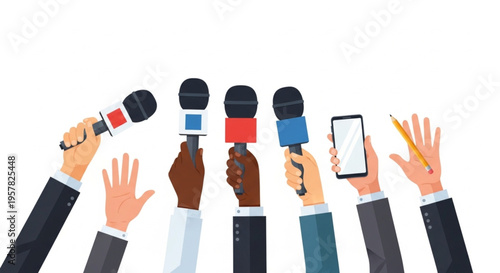 Diverse hands holding microphones and a smartphone, symbolizing journalism, interviews, and media events