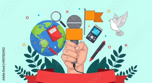  World Press Freedom Day  Journalism and Media Concepts A Globe, Microphone, and Symbols Representing News Gathering and Dissemination
