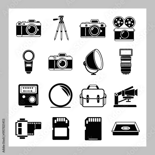 Collection of camera and photography equipment.