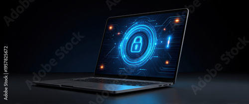 Wallpaper Mural Futuristic laptop displaying glowing blue digital padlock interface on screen symbolizing cybersecurity protection and data encryption in dark technology environment Torontodigital.ca