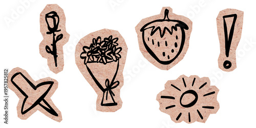 Hand-drawn doodle set on torn kraft paper cutouts for scrapbooking. Collection of stickers: rose, flower bouquet, strawberry, sun, exclamation, pushpin. DIY zine elements on transparent background