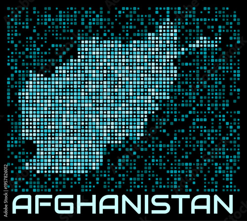 Afghanistan digital dotted map. Shape of the country in cyan color palette on dark background. Futuristic Afghanistan map design. Vector illustration.