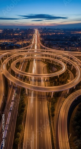 Illuminated Urban Interchange At Dusk With Flowing Traffic Light Trails
