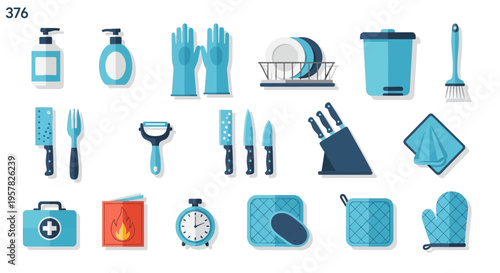 Collection of cleaning and kitchen supplies in blue and white vector illustration