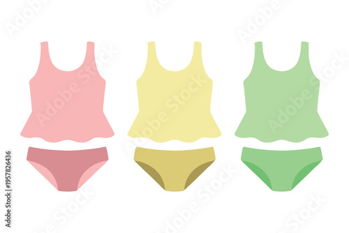 Kids tankini swimsuit set with ruffles and bows for girls beach fashion flat vector
