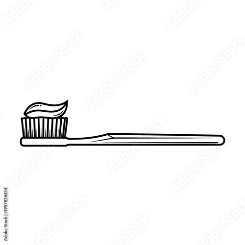 Black and white illustration of a toothbrush with toothpaste on it.