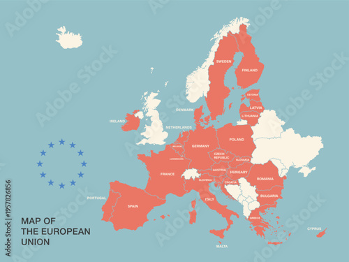 European Union map with country names and borders. Clear political map showing EU member states.