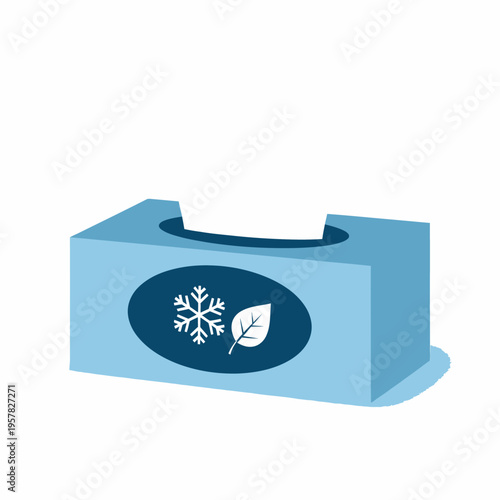 Blue tissue box with snowflake and leaf icons for cold and allergies.