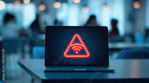Wallpaper Mural Laptop displaying glowing red warning icon for wireless signal on desk in blurred office environment conveying connectivity issue and urgency Torontodigital.ca