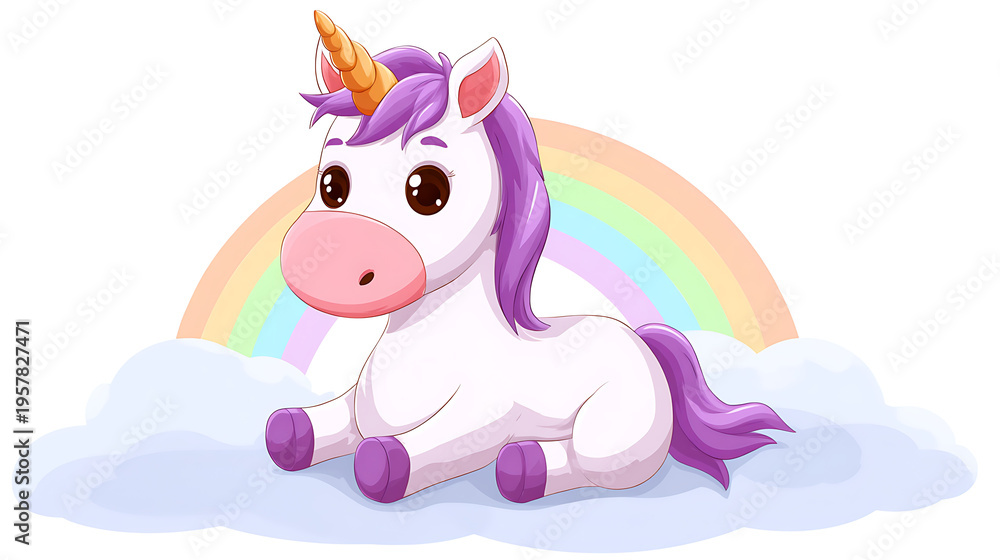 Fototapeta premium A cute white unicorn is laying on a rainbow