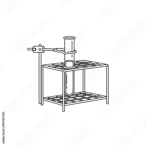 Laboratory equipment illustration of a test tube in a rack with a clamp for scientific experiments.