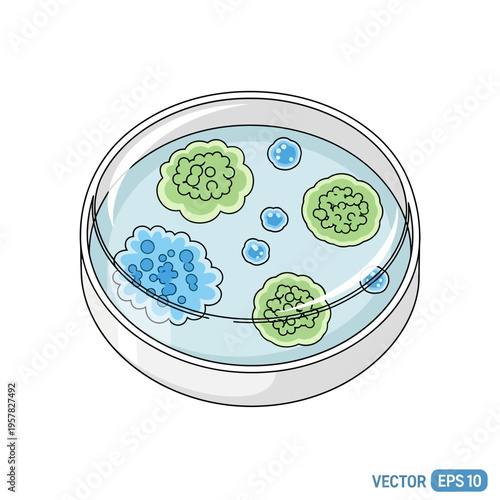 Colorful illustration of a petri dish with bacteria and microorganisms for science and research.