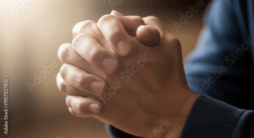 Close up of clasped hands with soft lighting and neutral background
