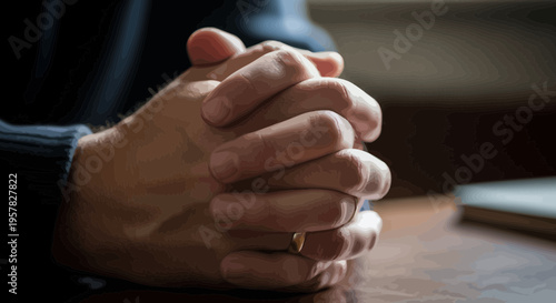 Close up of clasped hands on a table conveying contemplation and reflection