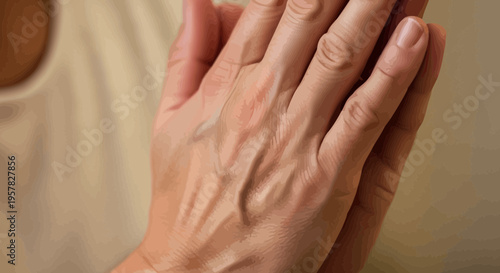 Close up of hands clasping together on a neutral background