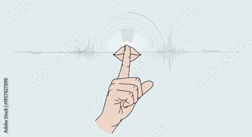Conceptual illustration of a hand gesturing silence with sound wave graphic