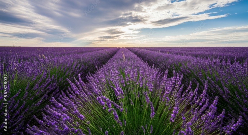 Obraz premium Vibrant lavender field at golden hour with sunset sky and lush green foliage