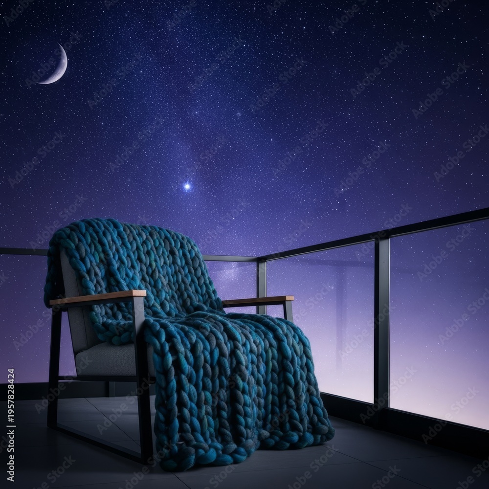 Obraz premium A thick wool blanket drapes over a chair on a balcony at night under a glittering starry sky, capturing the quiet mood of late insomnia, peaceful, blanket, night