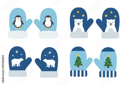 Winter mittens set for kids with cute penguin polar bear and Christmas tree pattern flat vector
