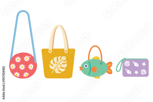 Cute kids summer bag collection with flower monstera fish and seashell pattern flat vector