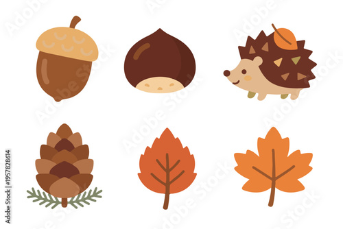 Cute autumn nature set with hedgehog acorn pinecone and fall leaves flat vector illustration