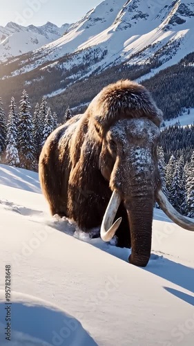 Woolly mammoth walks through snowy mountainous terrain