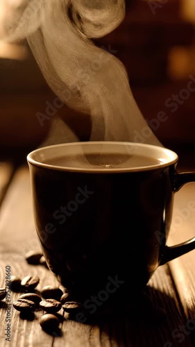 Steaming cup of coffee on wooden table with coffee beans