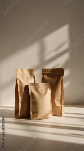 Three brown paper bags on a table indoors