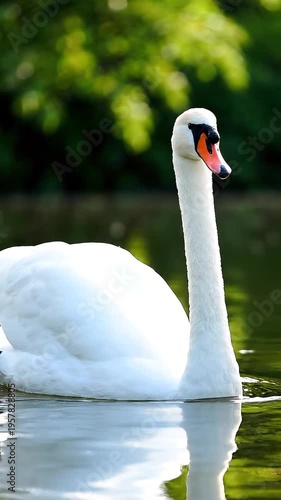 Swan swimming on a serene lake surrounded by lush greenery