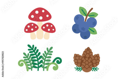 Forest nature element set with mushroom blueberry fern and pinecone flat vector illustration