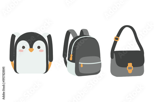 Minimalist school bag collection with cute penguin character and black backpack flat vector