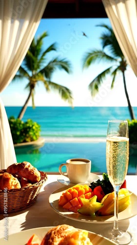 Tropical beachside breakfast setup with palm trees