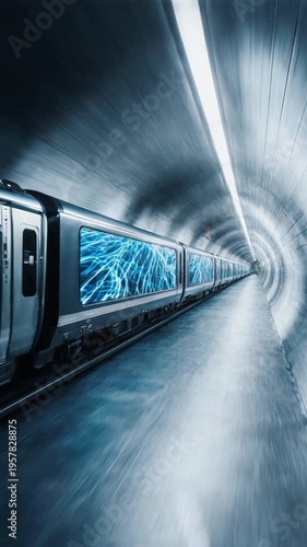 Train speeding through a dark underground tunnel
