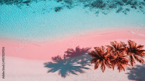 A beach with pink water and a palm tree in the foreground