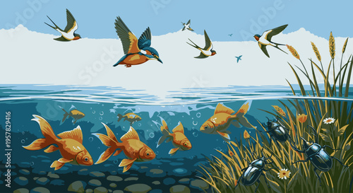 Illustration of goldfish swimming underwater with aquatic plants and birds flying above the water's surface in a serene natural setting.