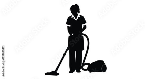 A maid cleaning with a vacuum cleaner depicted in black silhouette
