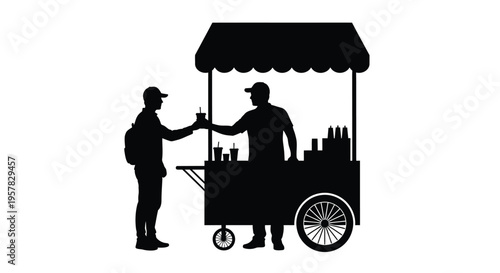 A street vendor serves a customer depicted in stark black silhouette