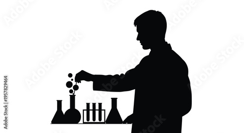 Scientist conducting experiment with beakers a striking black silhouette