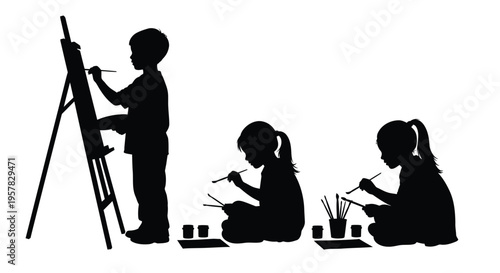 Children painting and drawing a charming artistic family scene silhouette