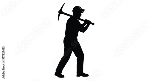Miner carrying a pickaxe over his shoulder black and white silhouette