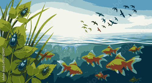 Illustration of orange fish swimming underwater near green plants with birds flying above the water's surface in a serene aquatic scene.