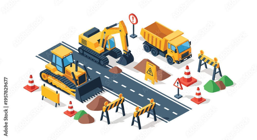 Naklejka premium Isometric construction site with heavy machinery and road barriers silhouette