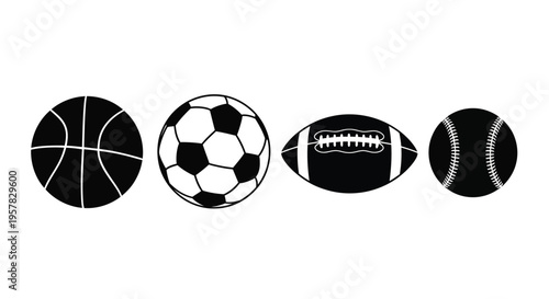Four sports balls in a row basketball soccer football and baseball silhouette