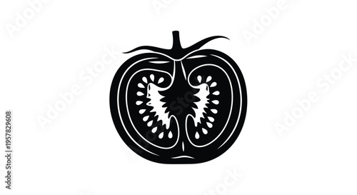 Sliced tomato with visible seeds depicted in a striking silhouette