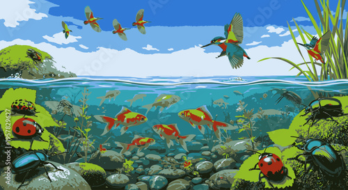 Underwater scene of colorful fish, plants, and insects thriving among rocks and aquatic vegetation under a clear blue sky with flying birds.