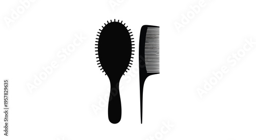 A hairbrush and comb displayed as a stark black silhouette