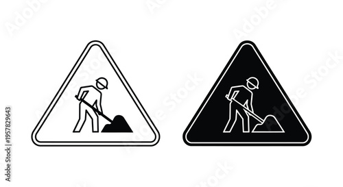 Road work ahead warning signs featuring a worker with a shovel silhouette