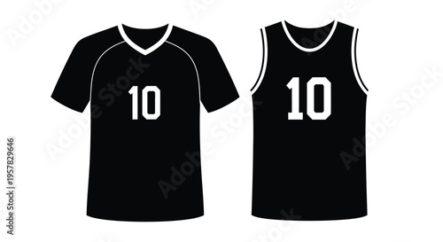 Two basketball jerseys with the number ten a stark silhouette